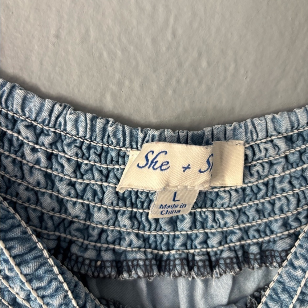 She + Sky | Chambray Ruffle Dress | Light Distressing | L 👗✨ - Picture 6 of 12